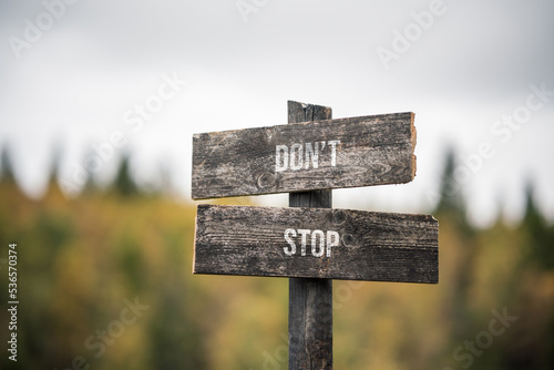Vászonkép vintage and rustic wooden signpost with the weathered text quote dont stop, outdoors in nature