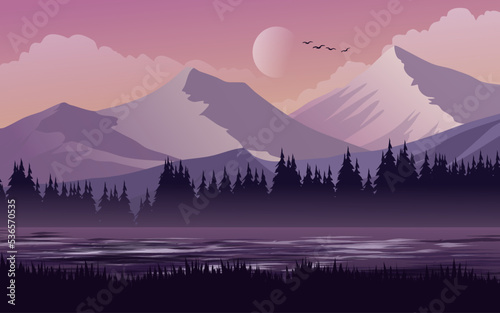 Beautiful mountain scenery with lake and pine forest. Vector flat nature landscape