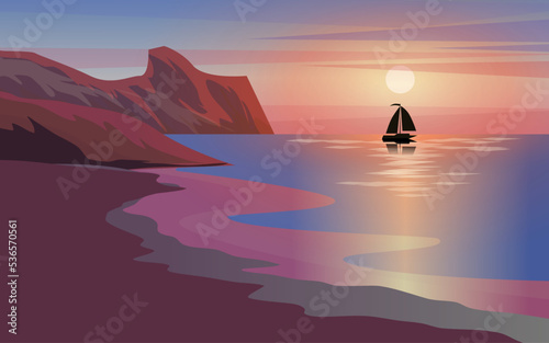 sailboat at ocean sunset landscape with cliff