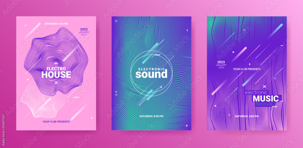 Psychedelic Abstract Dj Flyer. Electro Sound Poster. Techno Dance Cover. Vector 3d Background. Edm Abstract Dj Flyer. Minimal Festival Banner. Gradient Wave Line. Geometric Dj Flyer Set.
