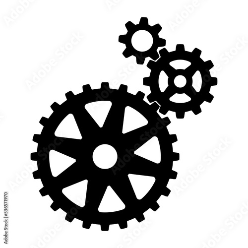 3 sizes of mechanical cogwheels, small 8 teeth, medium 12 teeth and large 24 teeth. Black silhouette gear icon design element. White background. Vector illustration.