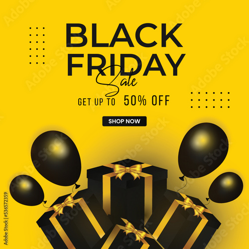 Black Friday sale yellow background poster with gift box
