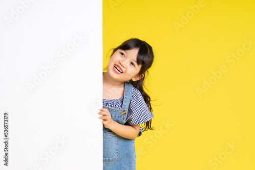 beautiful asian girl portrait, isolated on yellow background