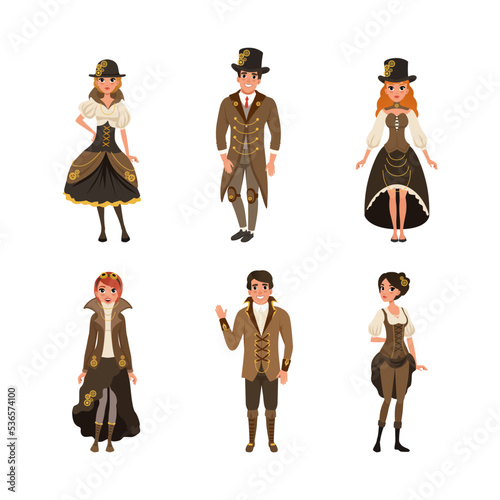 Steampunk People Character Wearing Retro Stylish Suits and Garment with Cogwheel Vector Set