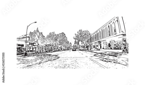 Building view with landmark of Palo Alto is a city in California. Hand drawn sketch illustration in vector.