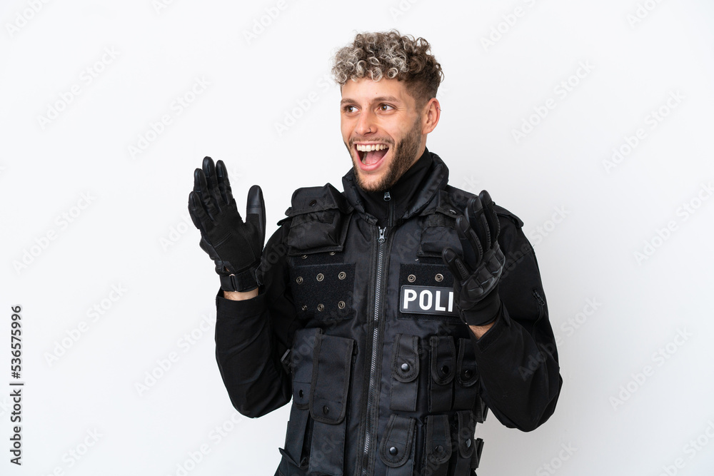 SWAT caucasian man isolated on white background with surprise facial expression SWAT caucasian man isolated on white background with surprise facial expression