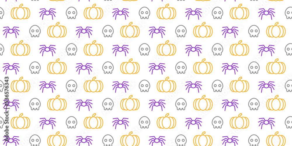 Concept of Halloween pattern with pumpkins, skull, star, spider. Line are, Vector. Cute character in seamless pattern Concept of Halloween pattern with pumpkins, skull, star, spider. Line are, Vector. Cute character in seamless pattern