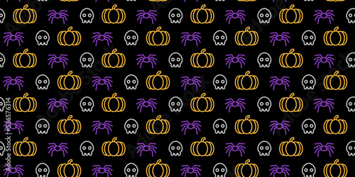 Concept of Halloween pattern with pumpkins, skull, star, spider. Line are, Vector. Cute character in seamless pattern