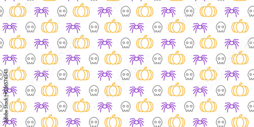 Concept of Halloween pattern with pumpkins, skull, star, spider. Line are, Vector. Cute character in seamless pattern