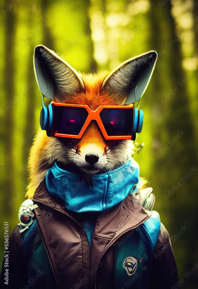 Portrait of a fox wearing a cyberpunk headset, neon virtual glasses ...