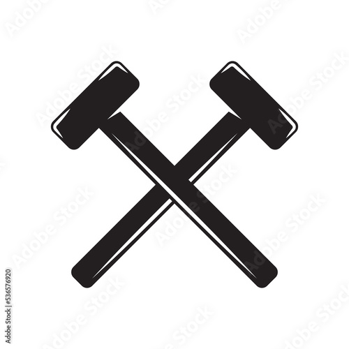 Vintage carpentry woodword mechanic big hammer cross. Can be used like emblem, logo, badge, label. mark, poster or print. Monochrome Graphic Art. Vector