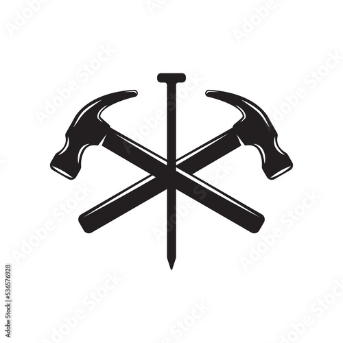 Vintage carpentry woodword mechanic hammer nail cross. Can be used like emblem, logo, badge, label. mark, poster or print. Monochrome Graphic Art. Vector