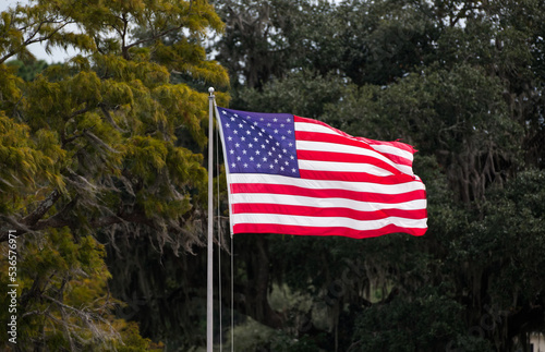 An American flag with trees in the background.