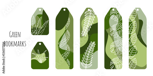Set of 6 bookmarks templates in green color palette. Modern abstract waves with line floral elements. Bookmarks for man and woman. Flat illustration. Isolated on white background.