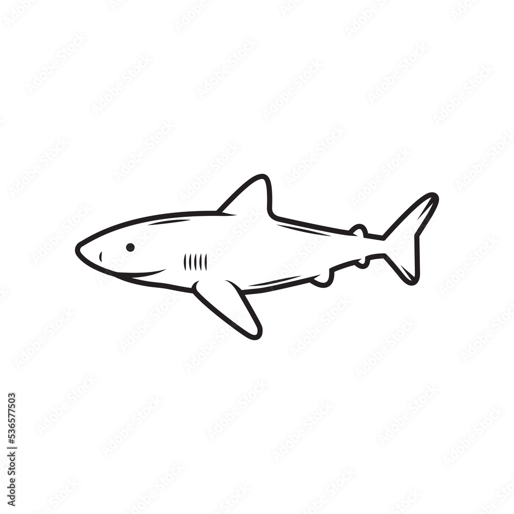 Vintage retro surfing shark. Can be used like emblem, logo, badge, label. mark, poster or print. Monochrome Graphic Art. Vector