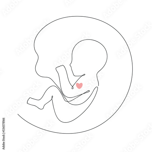 Baby in mom's belly drawn with single line with pink heart. Pregnancy, motherhood. Minimalism. Vector illustration.