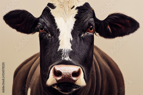 Cow portrait. Funny cow isolated on monochrome background. Farm animal. Cow illustration for package of milk