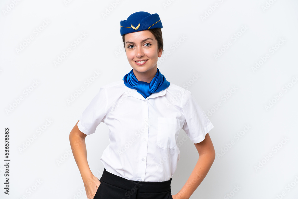 Airplane stewardess caucasian woman isolated on white background laughing Airplane stewardess caucasian woman isolated on white background laughing