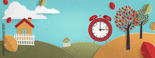 Bilde på lerret Autumn landscape illustration with alarm clock for fall daylight savings time ch