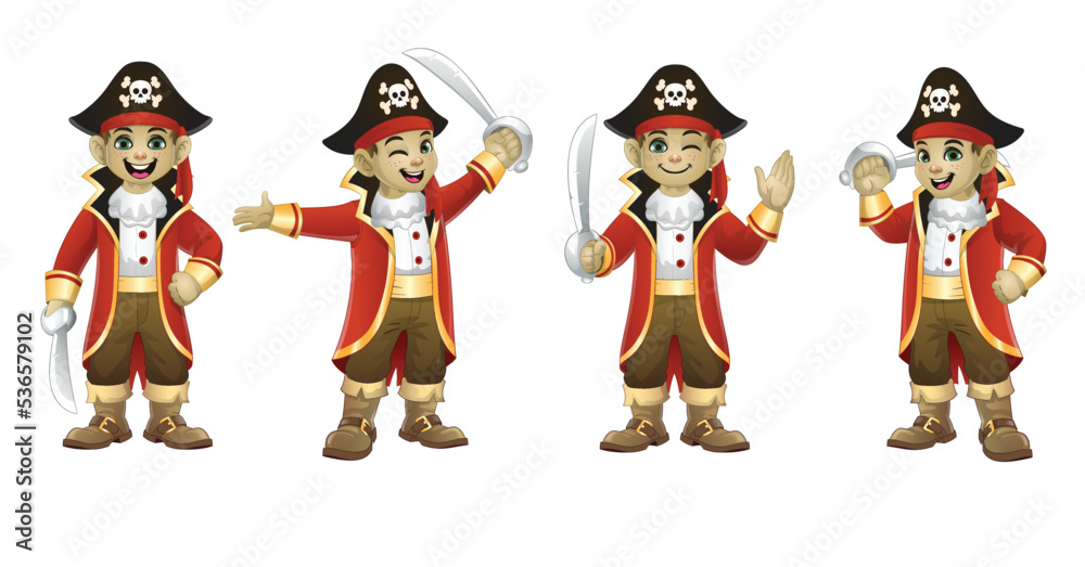 Boy wearing halloween pirate costume in various pose