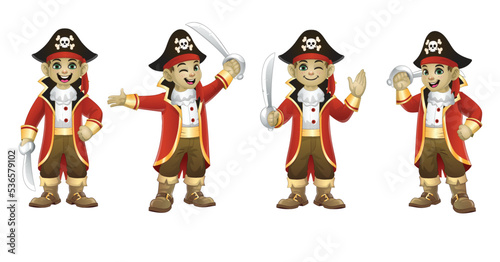 Boy wearing halloween pirate costume in various pose