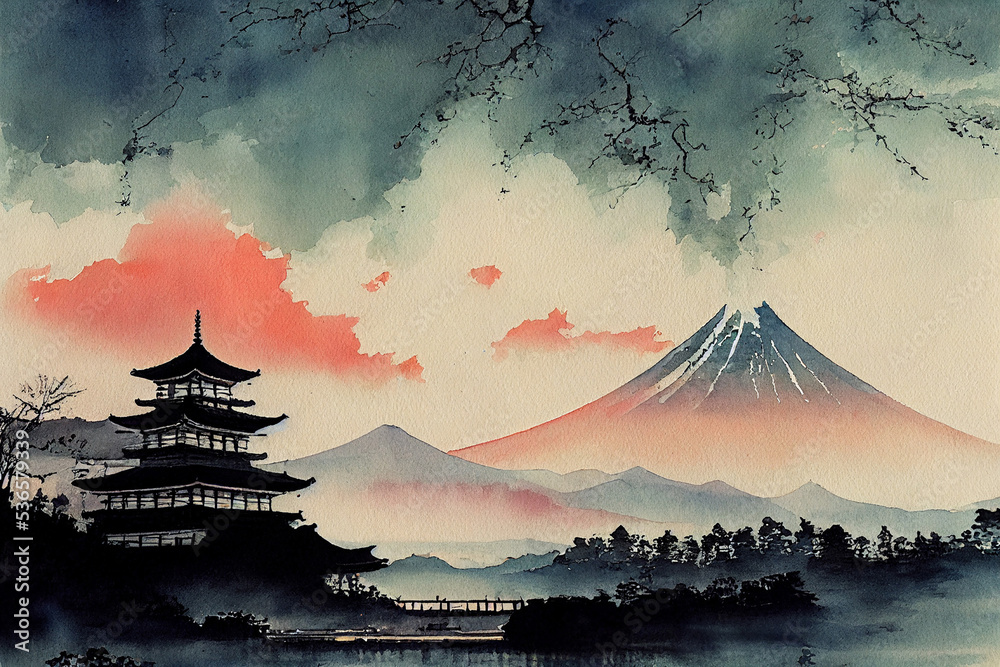 Japan, Japanese landscape with sakura, fuji mountain. Watercolor illustration,
