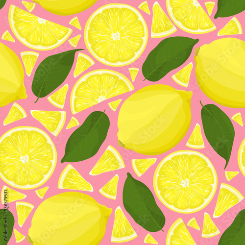 Seamless pattern with yellow lemons, slices and leaves. Illustration in a flat style. Pattern on pink background.
