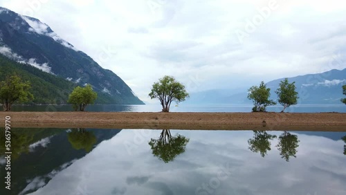 Aerial: The southern shore of Teletskoye Lake in cloudy weather