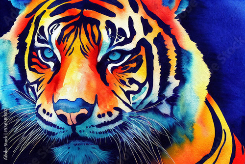 Tiger. Asian animal. Print for clothing. Neon  colorful illustration of wild cat.