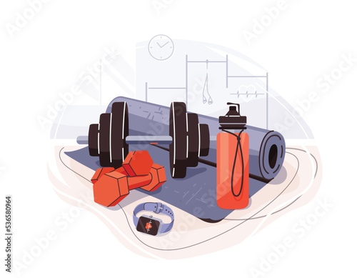 Gym fit vector background with sport equipment yoga mat, bottle, smart