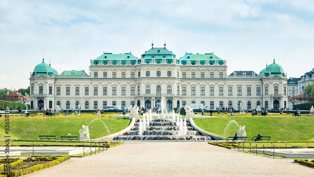 VIENNA, AUSTRIA - APRIL 20, 2022. Upper Belvedere palace with fountain and gardens in spring.