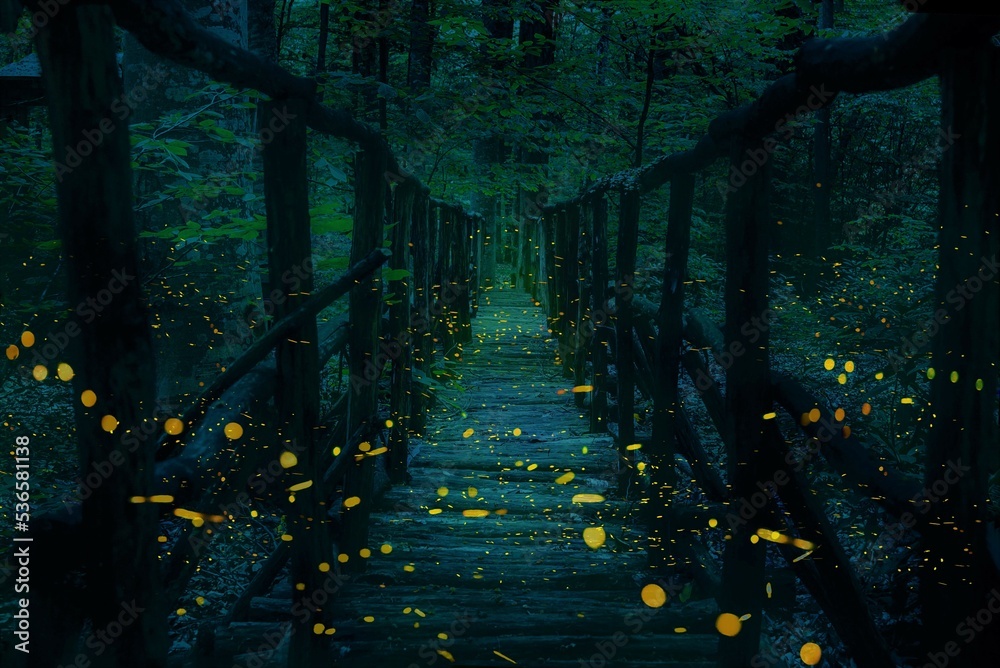 Fireflies flying over a wooden bridge in the forest at twilight.