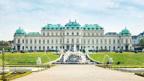 VIENNA, AUSTRIA - APRIL 20, 2022. Upper Belvedere palace with fountain and gardens in spring.