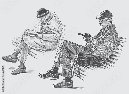 Sketches of casual elderly towns people readding books on park bench