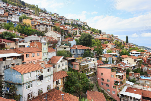 Bursa landscape with old houses on the hill. Historical Bursa city view. Bursa is touristic destination in Turkey.