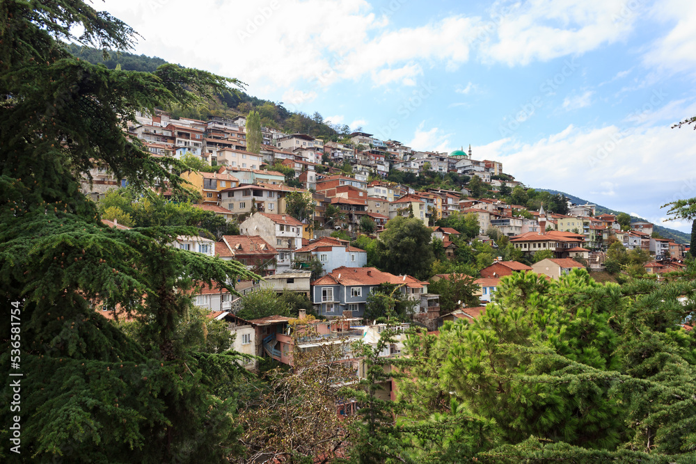 Old houses on the hill. Historical Bursa city view with trees and clouds. Bursa is touristic destination in Turkey.