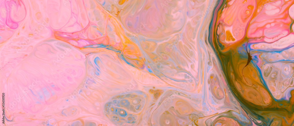 Colorful abstract fluid art painting. Abstract background with colored spots and stains on the liquid. Trendy wallpaper for web banner