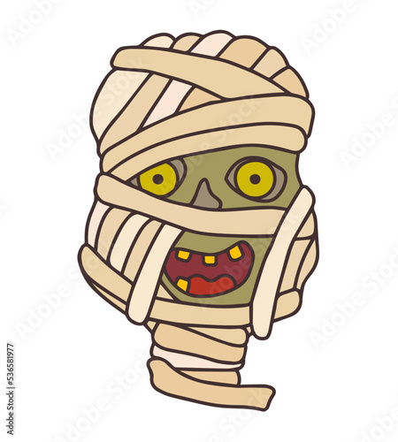 Head of a mummy with a smile on a white background.
