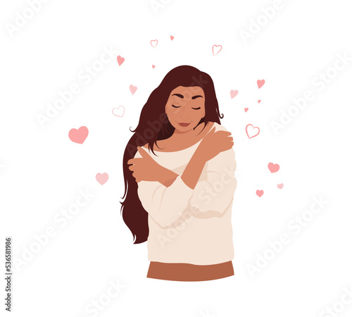 Woman hugs herself by the shoulders. Love yourself concept. Self care. Cartoon, flat vector illustration. Mental health support