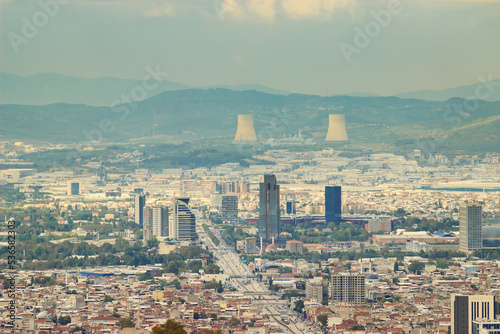 Aerial view of Bursa city. Town landscape. Touristic destination in Turkey.