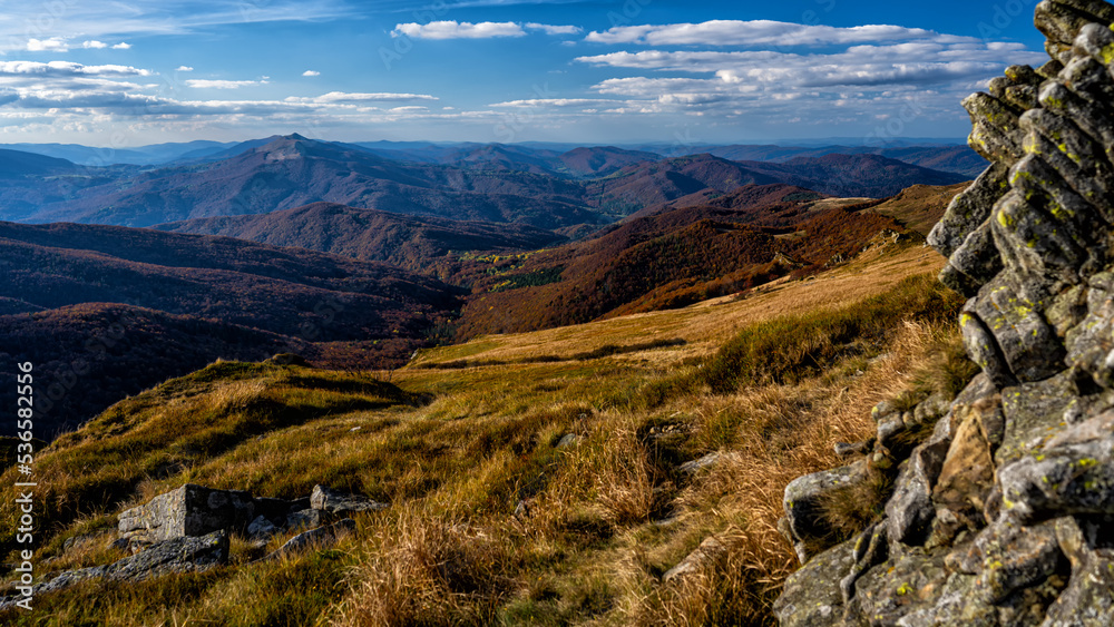 Colorful autumn mountain landscape, Bieszczady Mountains, Carpathians, Poland.