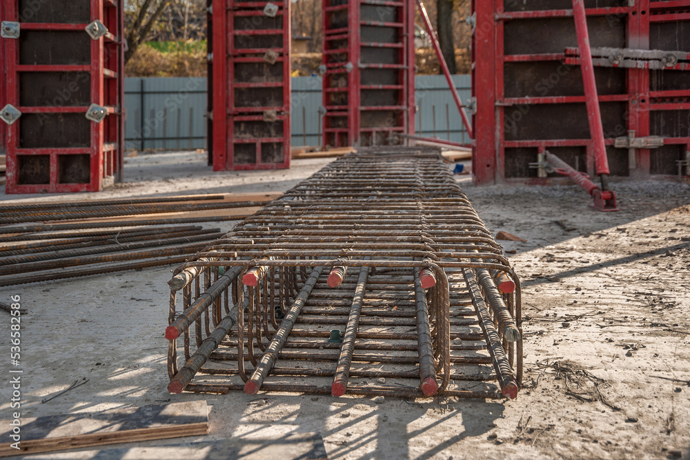 Reinforcing cage and column formwork in residential construction Stock ...