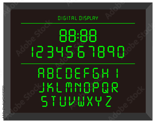 デジタル表示のアルファベット数字のベクターイラスト デジタル時計