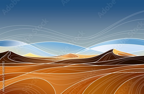 Desert illustration. Desert landscape. Dunes desert. Minimalism illustration. Hand drawn image 