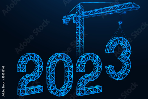 Tower crane installs building structures in the form of numbers 2023. Polygonal concatenated lines and points. Blue background.