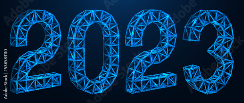 Building structures in the form of numbers 2023. Polygonal concatenated lines and points. Blue background.