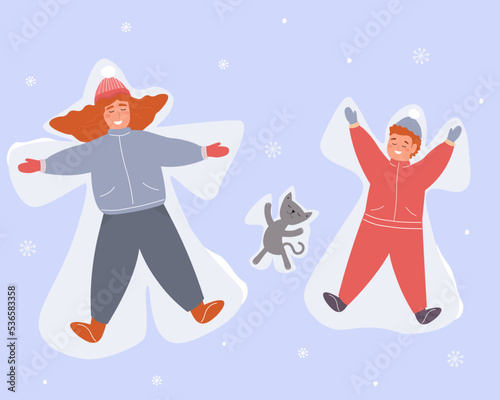 Mom, baby and cat make a snow angel, play winter active games. The mood in the New Year holidays. Vector graphics.
