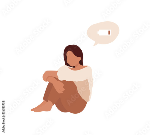 Tired woman without energy. Emotional burnout, neurosis, stress, overwork, fatigue, anxiety, exhaustion. The concept of mental health support. Girl sits and hugs her knees