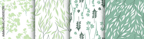 Herbal Eucalyptus Pattern. Exotic Foliage Texture. Nature Fabric Design. Hand Drawn Eucalyptus Pattern. Fern Leafs Wallpaper. Vintage Wedding Invitation. Seamless Eucalyptus Patterns Set.