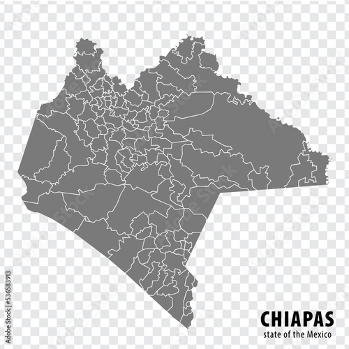 State Chiapas of Mexico map on transparent background. Blank map of  Chiapas with  regions in gray for your web site design, logo, app, UI. Mexico. EPS10. photo